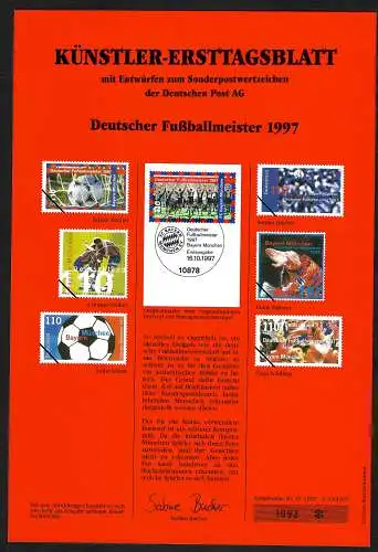 Bund 1997: Künstler Ersttagsblatt mit Entwürfen zum dt. Fußballmeister 1997