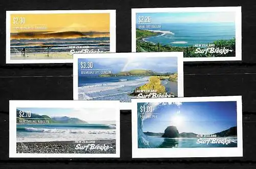 Neuseeland: Surf Breaks, Strände, 5x umngezähnte Briefmarken, postfrisch