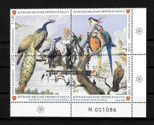 Malta: Vögel, 4 Briefmarken zu einem Block, gestempelt