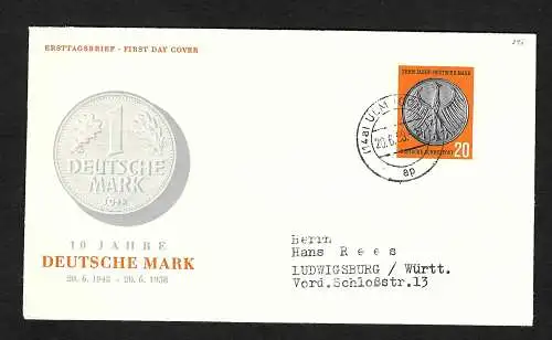 Bund: MiNr. 291: 10 Jahre Deutsche Mark, 1958, FDC