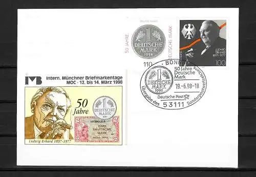 Bund 1998: 50 Jahre Deutsche Mark, Ludwig Erhard, MOC, Münchner Briefmarkentage