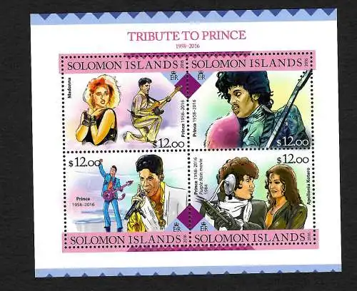 Solomon Inseln: Tribute to Prince, Rogers Nelson, Block mit 4x Marken postfrisch