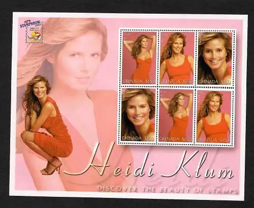 Grenada: Heidi Klum: Dscover the Beaty of Stamps, 2002, Block postfrisch