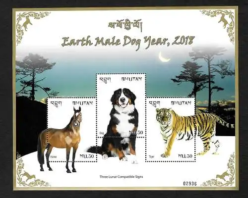 Buhtan: 2018 Jahr des Hundes - Pferd und Tiger dabei, postfrisch