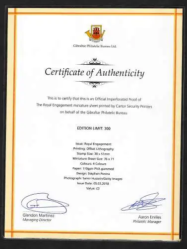 Gibraltar: 2017 Big Folder Meghan & Harry, Certificate of Athenticity Limit: 300