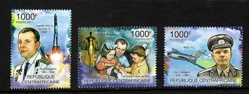 Zentralafrika: 2011: Juri Gagarin, 3x Briefmarken, postfrisch