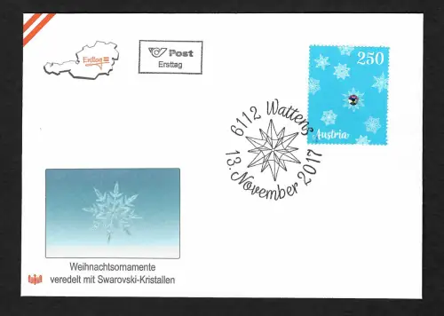 Österreich: Weihnachten 2017, Briefmarke mit Swarovski Kristall, FDC