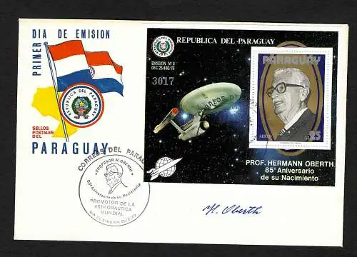 Paraguay: 85.Geburtstag von Hermann Oberth, Original Unterschrift, Block 341 FDC