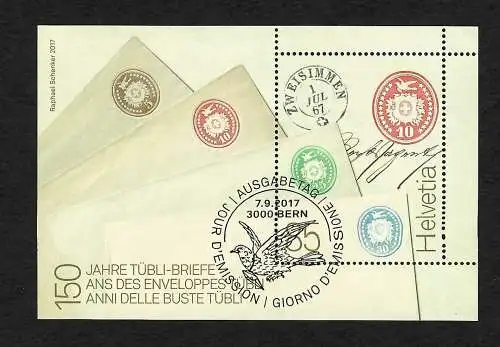 Schweiz 2017: 150 Jahre Tübli Briefe, Block, FDC