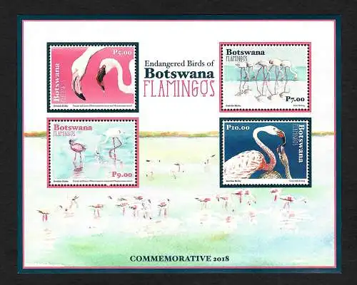 Botswana: Gefährdete Vögel, Flamingos, 4x Briefmarken im Block postfrisch