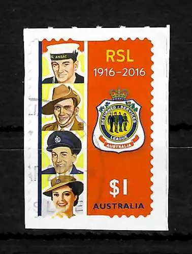 Australien 2016: RSL, 100 Jahre Veteranenorganisation, gestempelt