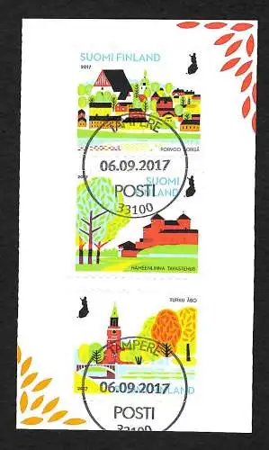 Finnland: Nationale Stadtparks 2017, 3x selbstklebende Briefmarken, gestempelt