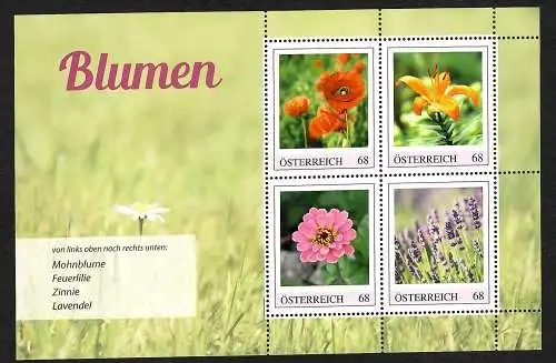 Österreich: Blumen: Mohnblume, Feuerlilie, Zinie, Lavendel, postfrisch