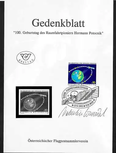 Österreich 1992: 100. Geburtstag von Hermann Potocnik mit Unterschrift