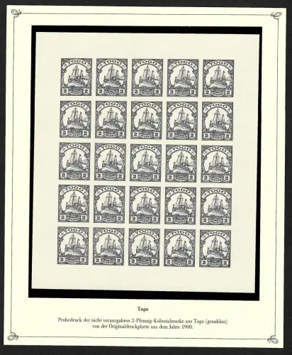 Togo: Probedruck Bogen 2 Pfg von der Originaldruckplatte, *, aus Sieger Abo