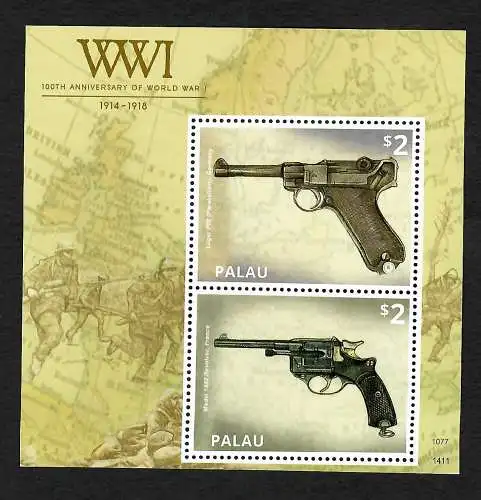 Palau: WWI, 1. Weltkrieg, Revolver, postfrischer Block