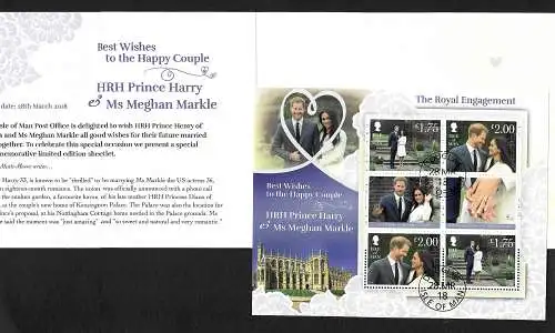 Isle of Man: Meghan & Harry, Royal Engagement, Folder und Kleibogen, gestempelt