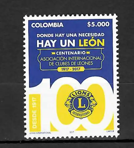 Colombia 2017: 100 Jahre Lions Club international, postfrisch