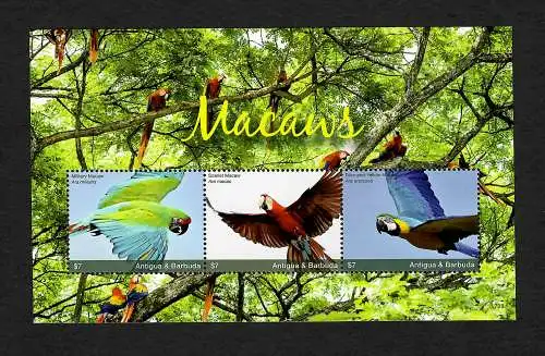 Antigua&Barbuda: Military Macaw, Scarlet Macaw, Blue and Yellow macaw, Block **