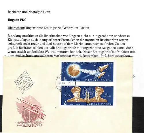 Ungarn 1962: Wostok 3+4, ungezähnt, FDC