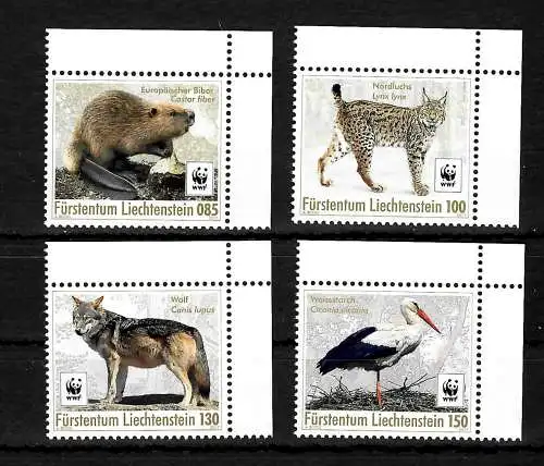 Liechtenstein 2017: WWF Rückkehrer: Biber, Luchs, Wolf, Weissstorch, postfrisch