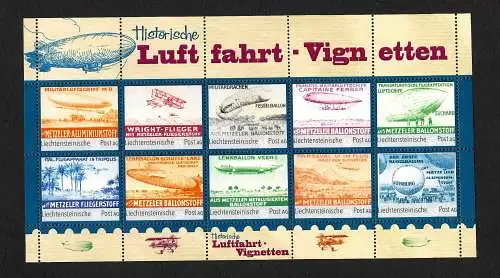 Liechtenstein: Historische Luftfahrt-Vignetten, postfrisch Kleinbogen