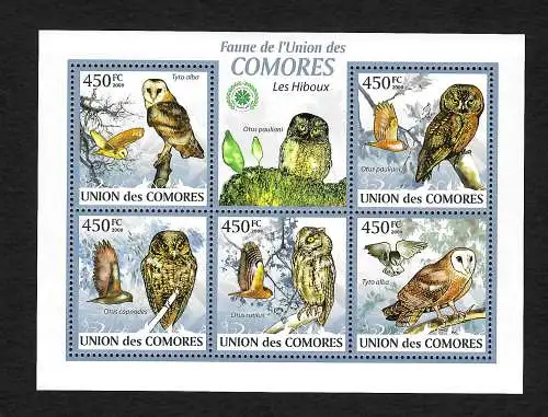 Comoren 2009: Eulen - Otus, Briefmarken Block, postfrisch