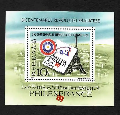 Rumänien 1989: Philex France, Paris, Bicentenarul Revolutiei, Block postfrisch