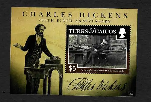 Turks & Caicos 2012:  Charles Dickens, 200th Birth Anniversary, Block mnh