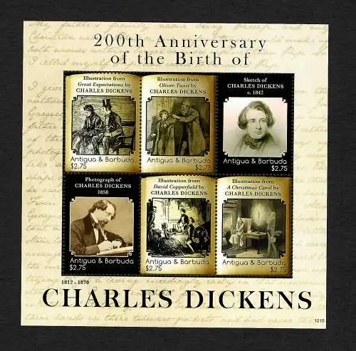 Antigua&Barbuda 2012:  Charles Dickens, 200th Birth Anniversary, Block mnh