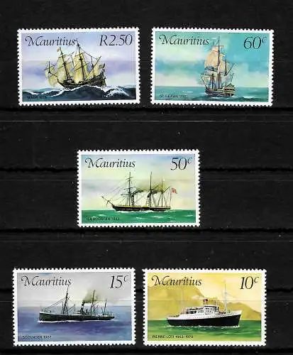 Mauritius: Postschiffe, 5x Briefmarken, postfrisch