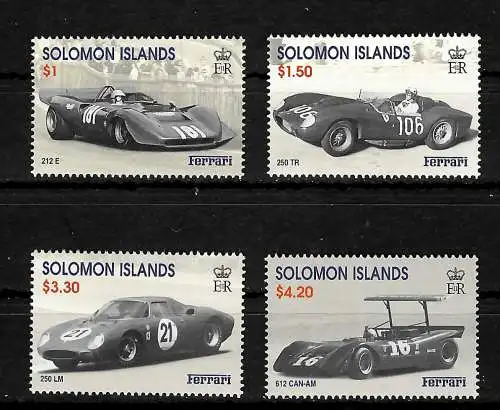 Solomon Islands: Ferrari 212E, 250TR, 250LM, 612 CAN-AM, postfrisch, mnh