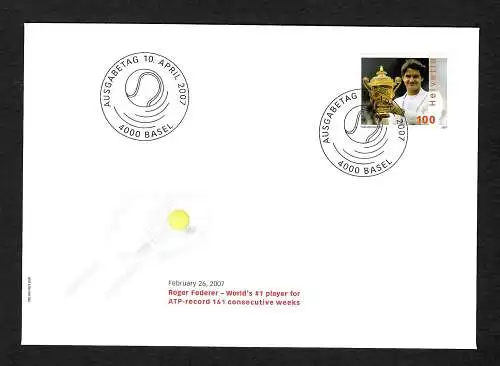 Schweiz 2007: Roger Federer - World's #1 player for ATP-record 161 weeks, FDC