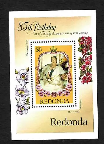 Redonda: 85th birthday of H.M.  Queen Elizabeth, the Queen Mother, mnh