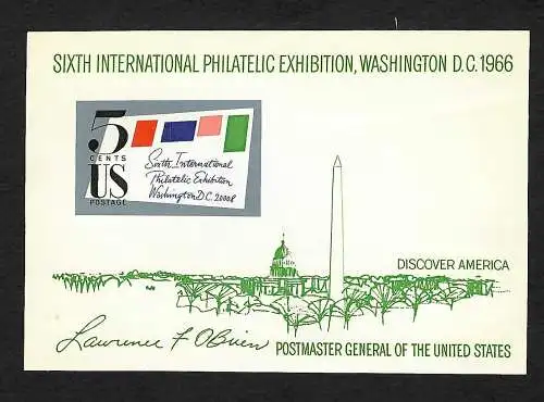 USA 1966: Sixth International Phhilatelic Exhibiion, Washington, DC, Block mnh