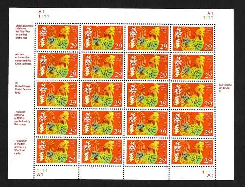 USA 1992: Happy new year, Year of the Rooster, #2335, mnh