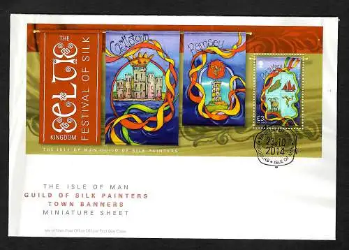 Isle of Man 2014: Guild of Silk painters Town Banners, Seidenmalerei, FDC