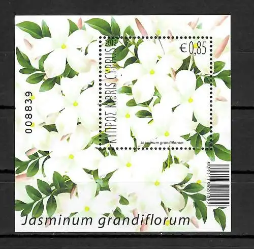 Zypern 2012: Jasminum grandiflorum, Block mit Jasminduft, postfrisch