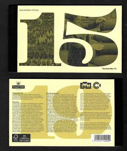 GB 2015: 100 Jahre 1. Weltkrieg, WWI, 4x blocks in leaflet, cancel