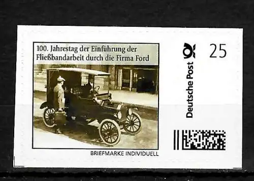 Bund Briefmarke Individuell: 100 Jahrestag Fließbandarbeit durch Ford USA, **