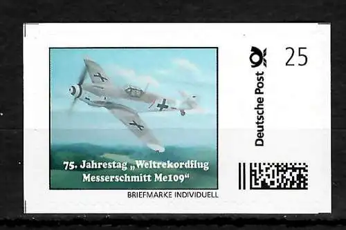 Bund Briefmarke Individuell: 75 Jahrestag Weltrekordflug Messerschmitt ME109