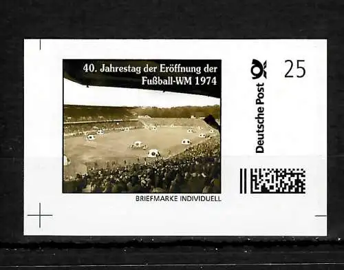 Bund Briefmarke Individuell: 40. Jahrestag Eröffnung Fußball WM 1974, postfrisch