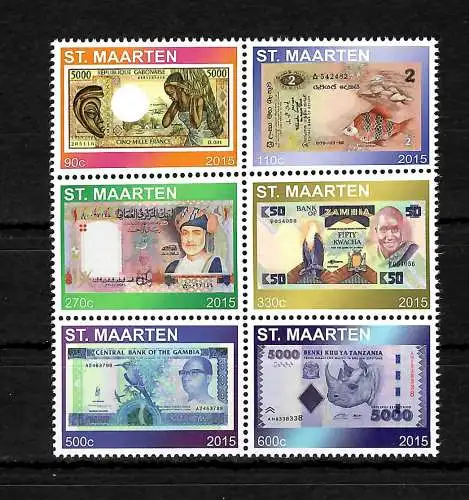 St. Maarten 2015: Banknoten auf Briefmarken, money, mnh, **