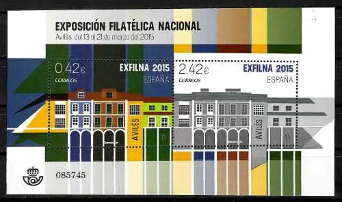 Spanien 2015: Briefmarkenausstellung Exfilna, Block postfrisch