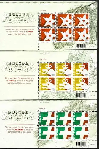 Schweiz 2015: 200 Jahre Aufnahme von Genf, Neuenburg, Wallis, 3x Kleinbogen, **