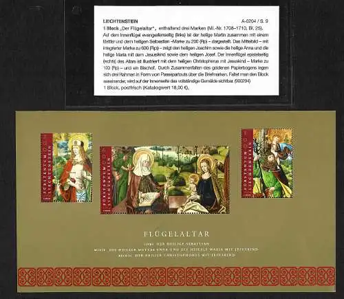 Liechtenstein 2014: Flügelaltar #1708-1710, Block #25, postfrisch