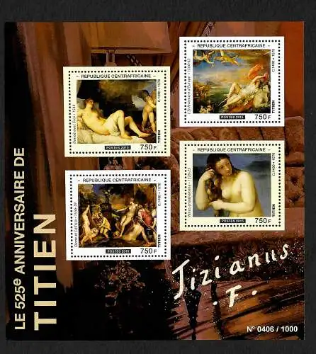 Zentralafrika 2015: Tizians Aktgemälde, Titien, Kunst, 525e Anniversaire, ** mnh