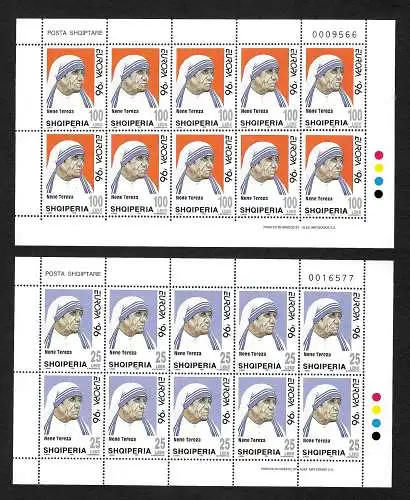 Albanien 1996: Mutter Teresa, #2589-2590, Kleinbogen postfrisch, Europa