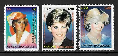 Bangladesh 1998: 1. Todestag Prinzessin Diana, #653-655, postfrisch, mnh