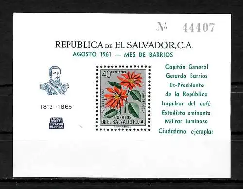 El Salvador 1961: 96. Todestag von Gerardo Barrios Block #10, postfrisch, Blumen